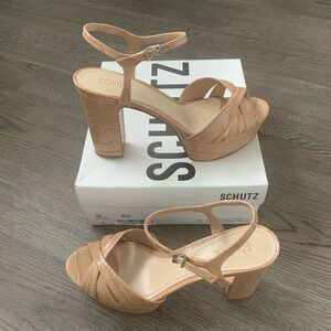 SCHUTZ Keefa Platform Heels Size 10 Nude Beige Croc Embossed Leather Sandals NWB